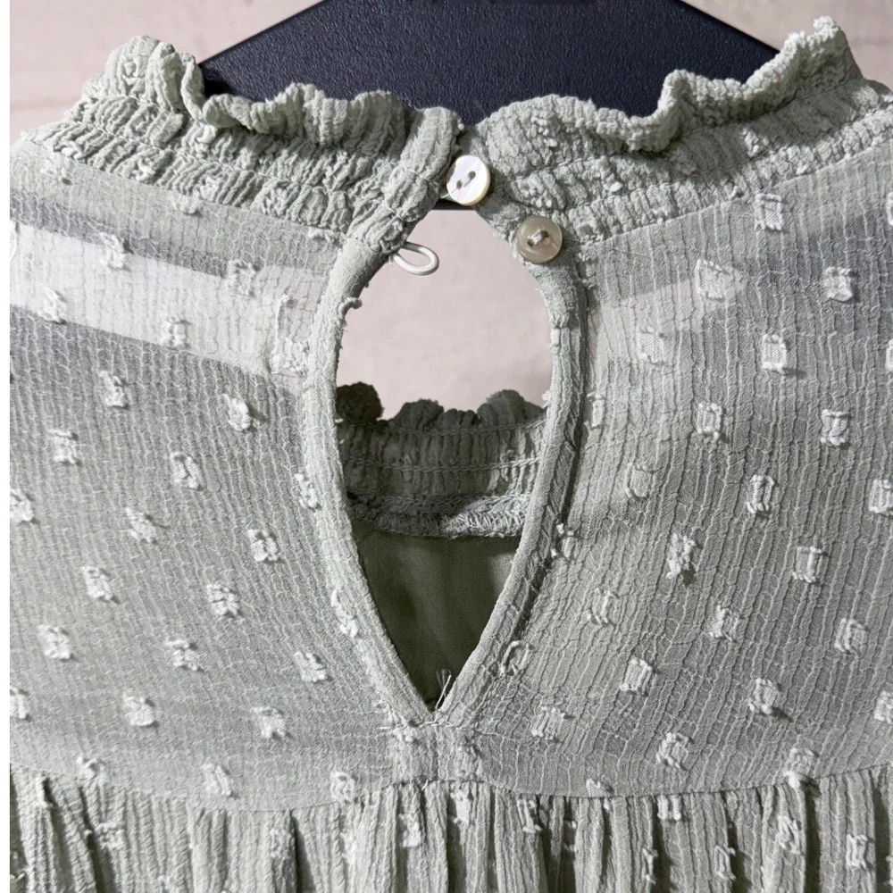 Zara Girls Size 10 Sage Green Swiss Dot Ruffle Long Sleeve Boho Shift Mini Dress